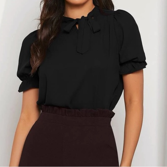 Luxe ruffle trim tie neck blouse - Picture 9 of 16